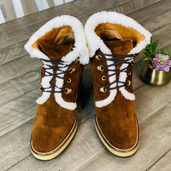 Napoleoni Tan Shearling Suede Leather Lace Up Wedge Platform Winter Boot 9.5 - Picture 2 of 6